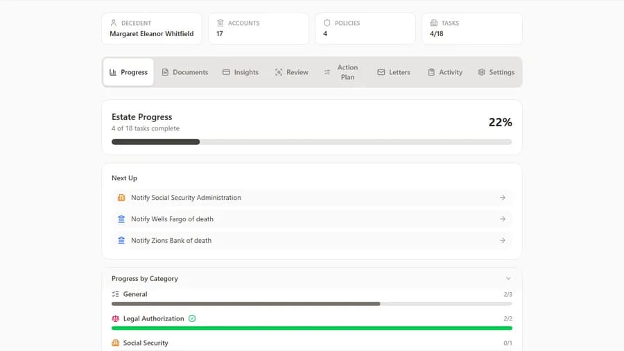 Estate Assist dashboard showing progress breakdown by category — Banking, Insurance, Legal, and more — with next-up task recommendations